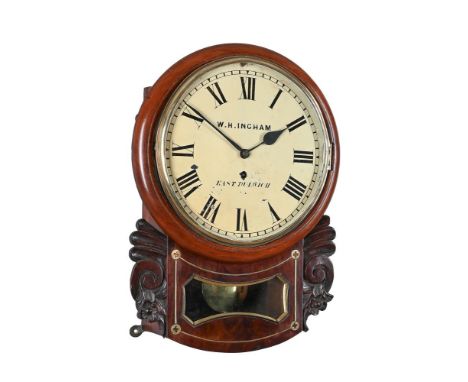 A VICTORIAN BRASS INLAID DROP-DIAL FUSEE WALL TIMEPIECE WITH TEN-INCH DIALTHE DIAL INSCRIBED FOR W.H. INGHAM, EAST DULWICH, S