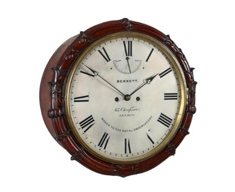 A VICTORIAN CARVED MAHOGANY TWIN FUSEE DIAL WALL CLOCKBENNETT, LONDON, THIRD QUARTER OF THE 19th CENTURYThe five columnar pil