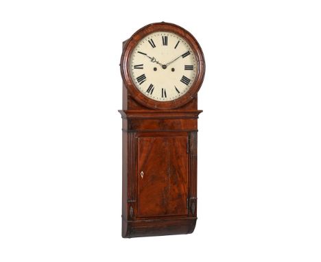 A GEORGE IV FIGURED MAHOGANY 'NORWICH-TYPE' TAVERN WALL CLOCKUNSIGNED, CIRCA 1825The four pillar weight-driven bell striking 