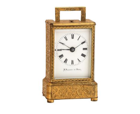 AN AUSTRIAN ENGRAVED GILT BRASS GRANDE-SONNERIE STRIKING AND REPEATING ALARM CARRIAGE CLOCK JOSEPH JESSNER, VIENNA, CIRCA 184