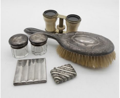 A silver mounted brush, with moulded decoration of ribbon swags, by Jones & Crompton, Birmingham 1909, two silver topped face
