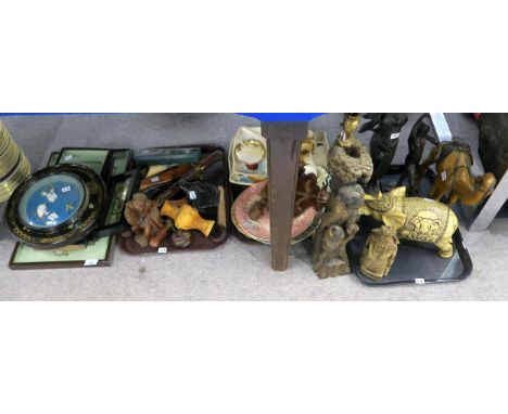 A collection of framed shell and mother of pearl Chinese pictures, resin figures etc Condition Report:Not available for this 