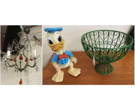 A 20th century metal and glass five branch chandelier, metal fruit bowl and a 1968 Donald Duck figure (3) Condition Report:Av