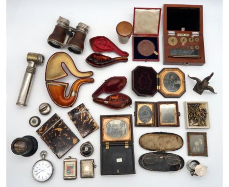 An assortment of small collectable items, to include a silver-mounted amber-handled pipe in case, large steel-cased pocket wa
