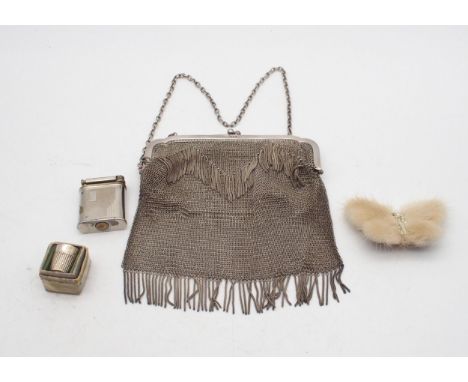A large silver chain mesh purse, London 1903, a silver plated Art Deco lighter, a silver Dorcas thimble, by Charles Horner, a