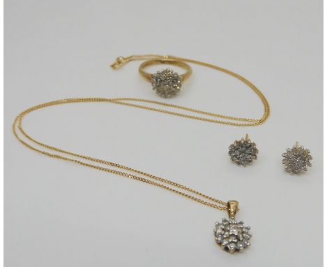 A 9ct diamond flower cluster ring, size K1/2, with matching pendant and earrings, ring set with estimated approx 0.30cts , pe