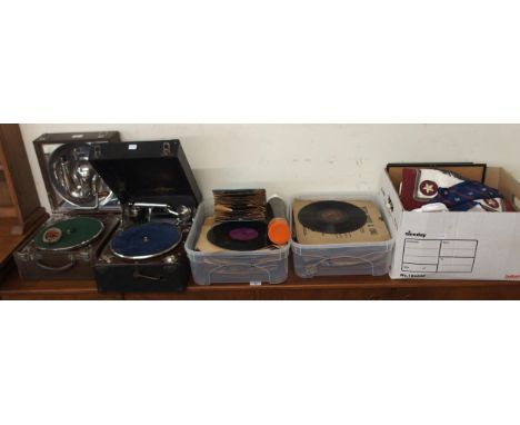 A 20th century Columbia picnic gramophone, Decca portable gramophone, two boxes of assorted records, box of assorted masonic 