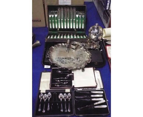 A collection of EPNS mother of pearl handled fish knives and forks, with blades with engraved foliate decoration, an EPNS sal