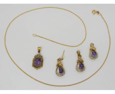 Two 9ct gold amethyst and diamond accent pendants, a chain and a pair of earrings (one stud fitting missing, weight together 