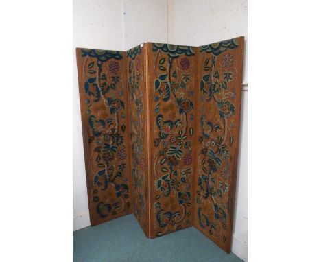 A 20th century four fold room divider with floral foliate tapestry panels, each panel is 172cm high x 47cm wide Condition Rep