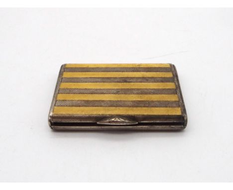 A George V silver and yellow guilloche enamel cigarette case, the lid with striped enamel and engine turned decoration, impor
