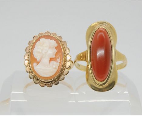 A 9ct gold cameo ring, size k, together with a retro carnelian ring in German 8ct gold, weight together 7.6gms Condition Repo