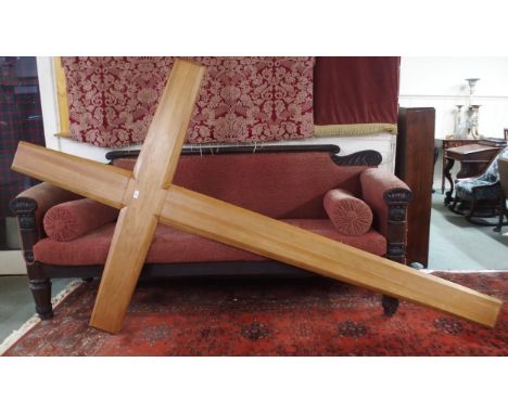 A large beech churches cross fitted with back lighter, 277cm high x 153cm wide Condition Report:Available upon request