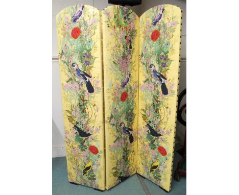 A 20th century three fold room divider with each panel upholstered to each side with Timorous Beasties "Fruit looters" gulls 