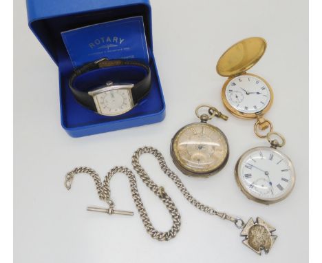 Two silver pocket watches, the open face dated London 1873, together with a gold plated pocket watch and a Rotary watch Condi