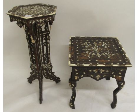 A Moorish hexagonal topped plant pedestal and a Moorish single drawer occasional table (def) both extensively inlaid with bon