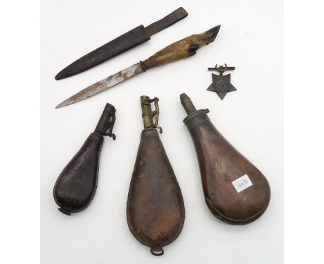 Two leather powder flasks, together with a brass and copper example, a hunting knife with deer hoof handle and a Khedive's St