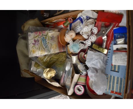 A selection of mixed haberdashery, ribbon, thread, tools and more.