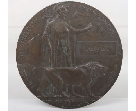 Great War 1/4th Battalion Ox & Buks Light Infantry 1917 Casualty Memorial Plaque, bronze memorial plaque awarded to “JOHN LIF