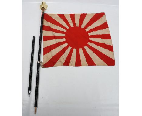 WW2 Japanese Army Battle Flag on Pole, printed cotton national rising sun flag with leather tabs to the corners. Mounted on a