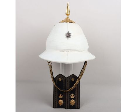 Coldstream Guards Officers Ceremonial Woolsley Pattern Pith Helmet, with gilt spike and ornate base, gilt and velvet backed c
