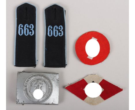 WW2 German Hitler Youth Insignia and Belt Buckle Grouping, steel belt buckle by Christian Theodor Dicke; Insignia for the HJ 
