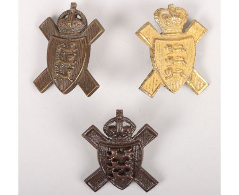 Channel Islands 3x Royal Jersey Light Infantry Cap / Collar Badges, all being officers examples, two kings crown in bronze an
