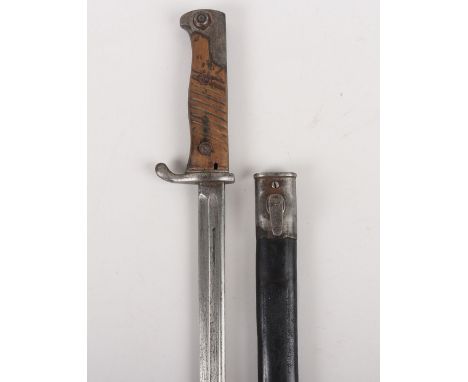 Imperial German S98 Bayonet, with two piece wooden grips, steel pommel and cross guard. Housed in its leather and steel mount