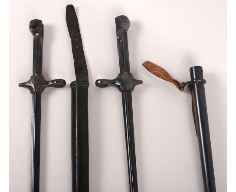 2x Swiss M-1892 Cruciform Bayonets for Rifles M-1889, M-1896 and M-1900 Short Rifle, one in leather and one in steel scabbard