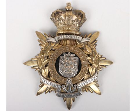Rare Victorian 1st Royal Guernsey Militia Officers Home Service Helmet Plate, gilt metal officers universal pattern helmet pl
