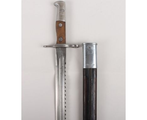 Swiss M-1906 Schmidt Rubin Made Bayonet, Utilizing the M-1878 and M-1881 Blades, in leather scabbard with steel mounts, Sawba