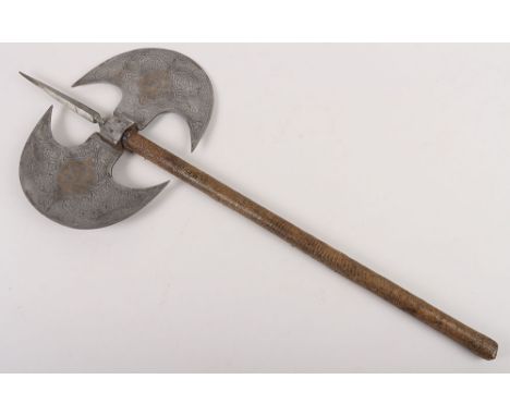 Sudanese Mahdist Period Double Headed Axe, crescent-shaped heads 19cms etched with birds inhabiting foliage in Persian style,