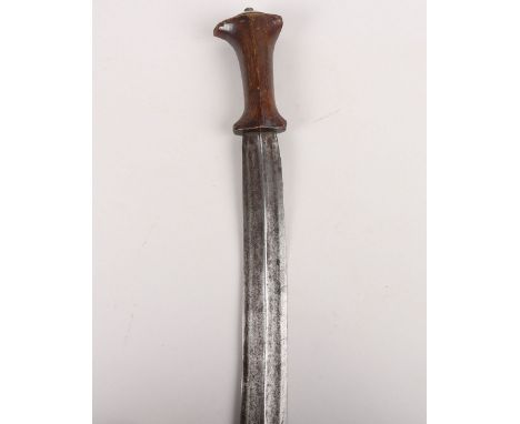 ^ Ethiopian Tribal Sword, 19th Century, sharply curved broad double edged blade 80cms forged with a raised central rib, one p