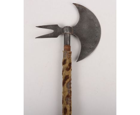 ^ Ottoman Axe, Late 19th Century, crescent-shaped head18.5cms with a pair of vertical projections, simple silver damascened d