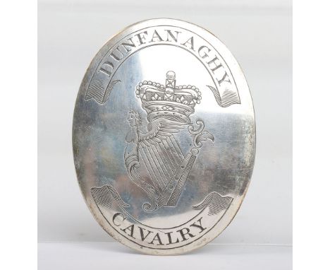 Rare Georgian Irish Militia Officers Shoulder Belt Plate of the Dunfanaghy Cavalry, the silver (not hallmarked) oval officers