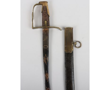 French Infantry Officers Sword c.1850, slender curved single edge blade 85cms, etched with small trophies in gilt lines again