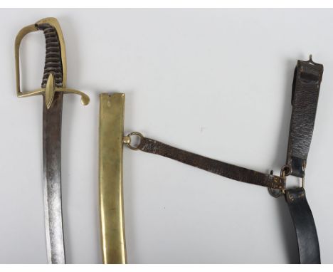 Napoleonic French Light Cavalry Officers Sword, curved single edge blade 83cms etched with small trophies and devices, brass 