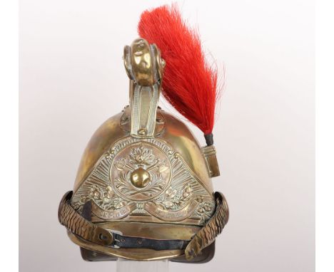 Late 19th Century French Firemans Sapeurs Pompiers Parade Helmet, brass helmet with central front plate with flaming grenade 