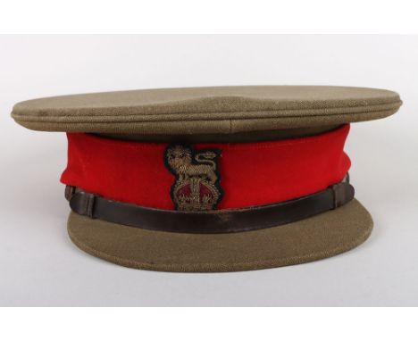 WW1 Hampshire Regiment Colonels Peaked Cap, fine example of a khaki officers service dress peaked cap with red central wool b