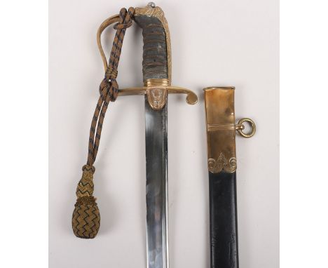 Georgian Naval Officers Sword c.1820, pipe back blade 82cms, brass stirrup hilt with traces of gilding, lion’s head pommel, l