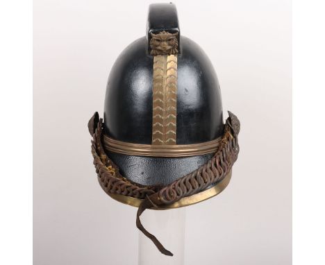 1880’s British Merryweather Helmet, black leather and brass officers helmet in untouched excellent condition with original gr