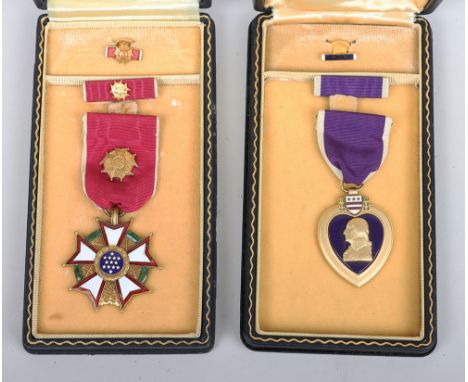 WW2 Issue United States Legion of Merit Officer Class Medal, gilt and enamel cased medal with tunic and lapel ribbon bars, WW
