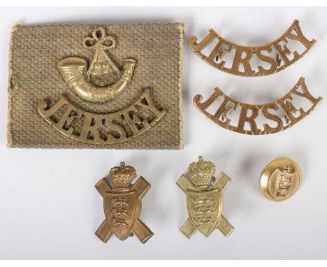 Grouping of Royal Jersey Light Infantry Badges, consisting of 2x Victorian other ranks cap / collar badges, shoulder titles a