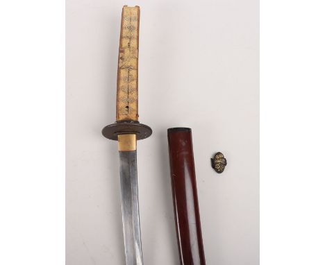 Japanese Sword Katana, blade 59.5cms, mumei with single mekugi ana, gilt habaki, round iron tsuba inlaid with soft metal figu