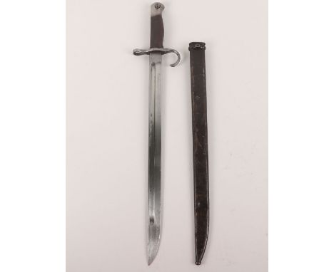 Japanese Type 30 Arisaka Rifle Bayonet, with two piece wooden grips, steel pommel and cross guard. Housed in steel scabbard. 