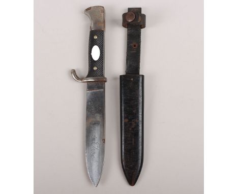 Third Reich Hitler Youth Boys Dagger with Motto by Emil Voos, Solingen, two piece chequered grips with enamel HJ diamond insi