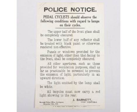 1939 Borough Police Office Hartlepool Police Notice Poster for Cyclists, interesting printed information poster for cyclists 