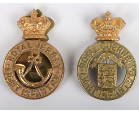 Channel Islands Victorian Royal Jersey and Royal Guernsey Light Infantry Other Ranks Glengarry Badges, being brass examples, 