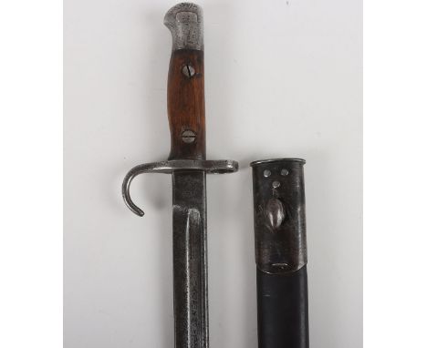 WW1 British 1907 Hook Quillon Bayonet, two piece wooden grips, steel pommel and steel cross guard with hooked quillon. Housed