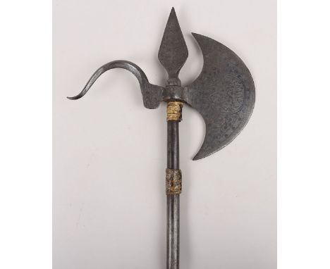 ^ Sudanese Mahdist Period Axe, crescent-shaped head 17.5cms, silver damascened with scrolls and 2 cartouches containing Islam
